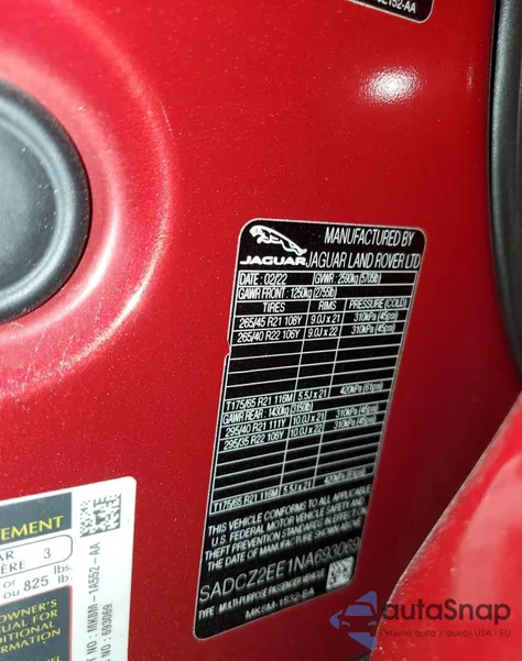 2022 Jaguar F-Pace Svr из США, поврежденный, VIN SADCZ2EE1NA693069